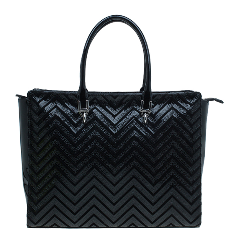 Versace Jeans Black Patent Leather Chevron Shopping Tote