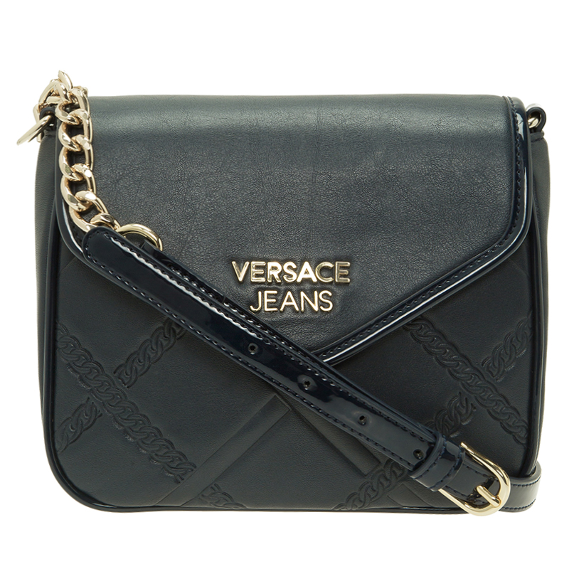 Versace Jeans Navy Blue Leather Chain Logo Crossbody Bag