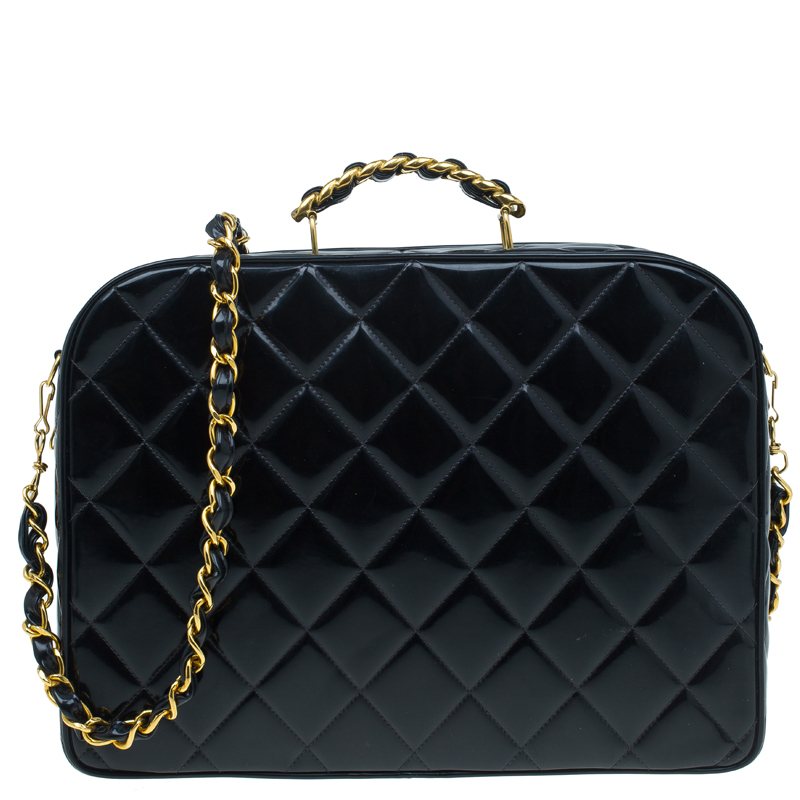 Chanel Vintage Black Patent 2way Lunch Box Crossbody Bag Chanel