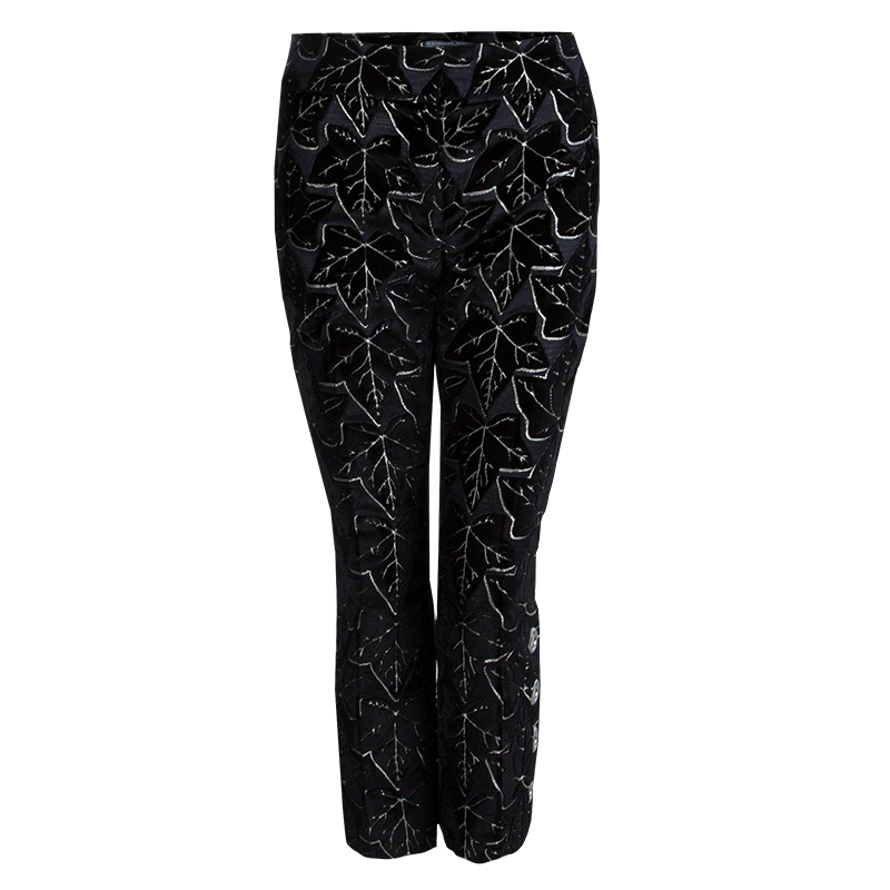 Alexander McQueen Black Leaf Print Embossed Velvet Trousers S