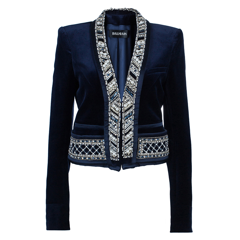 Balmain Velvet Blue Embellished Jacket L