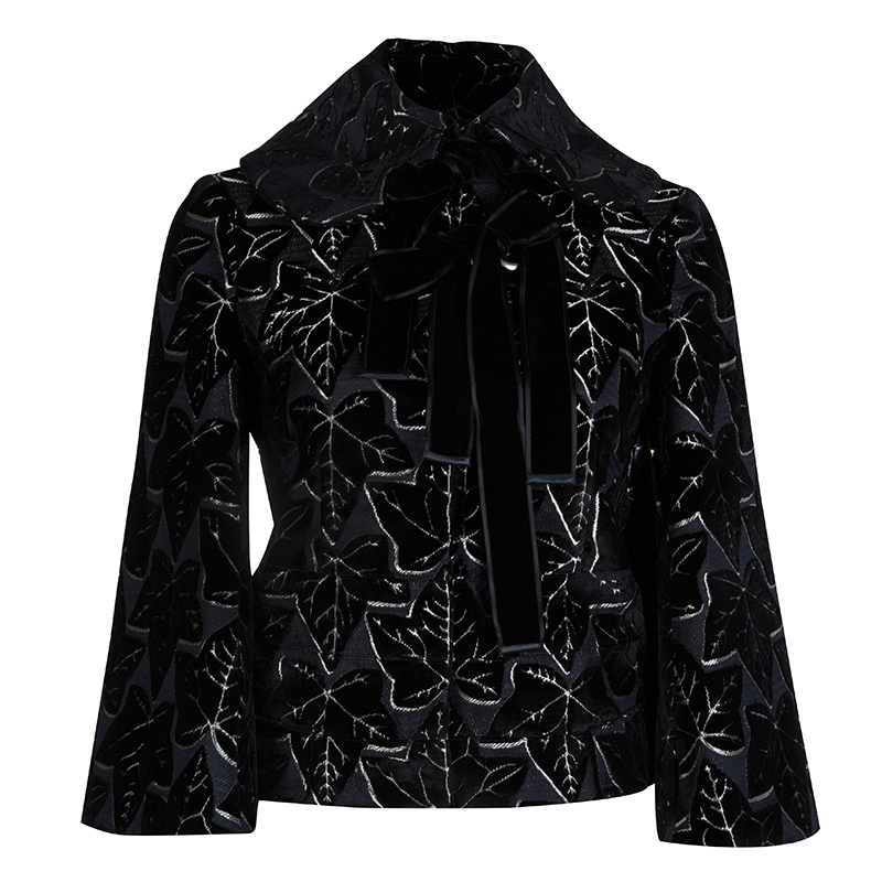 Alexander McQueen Black Leaf Print Embossed Velvet Jacket S
