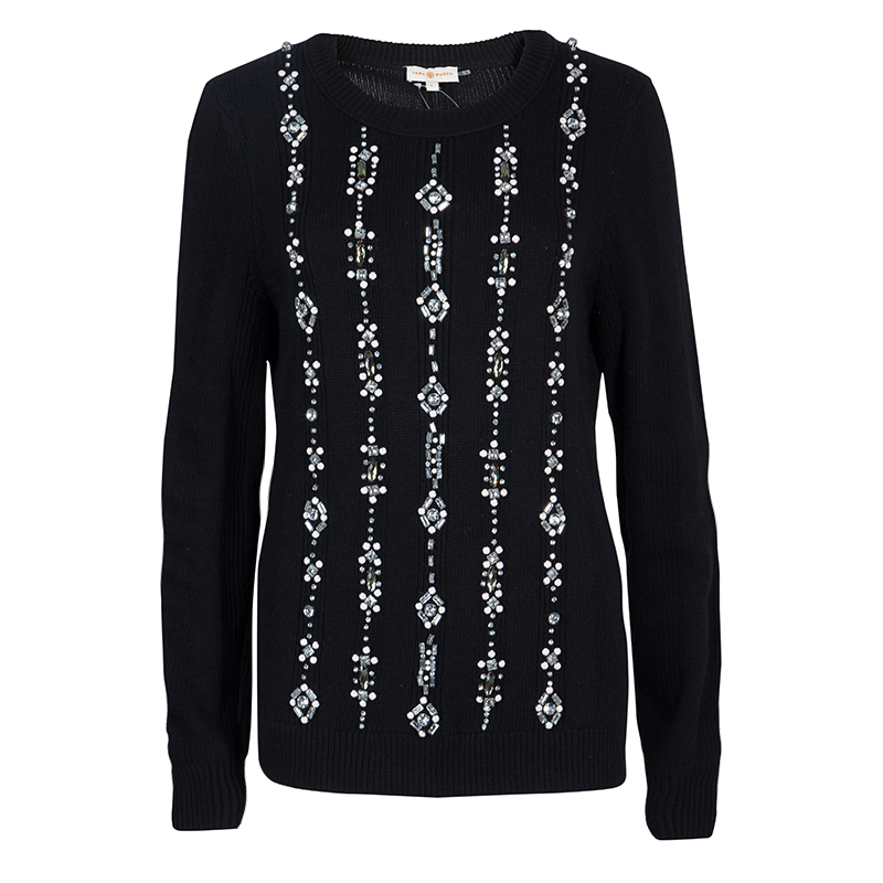 Tory Burch Black Crystal Embellished Etta Sweater L