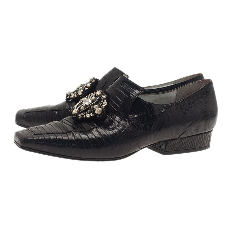 Chanel Black Leather Embellished Loafers Size 38