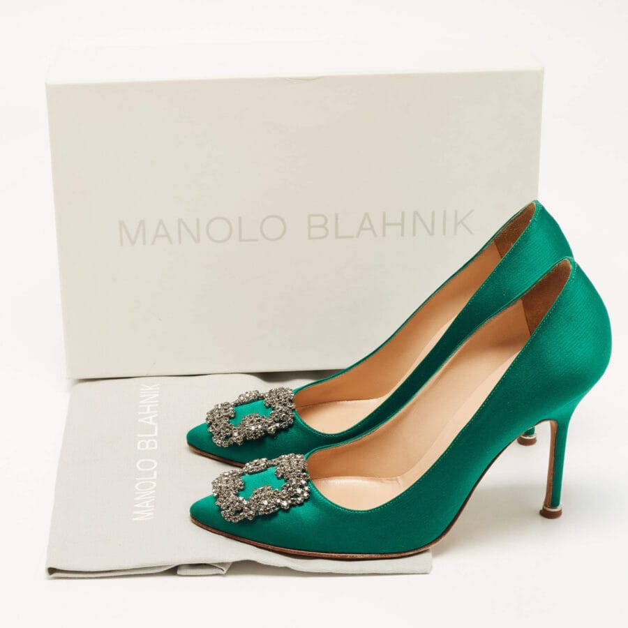 Manolo Blahnik Green Satin Hangisi Crystal Embellished Yyt Inside The