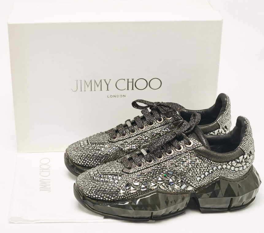Jimmy Choo Metallic Black Suede Embellished Diamond Sneakers Size 39