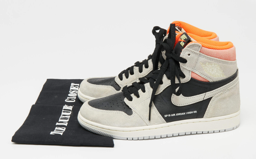 Jordan GreyBlack Suede And Leather 1 Retro High Neutral Hyper Crimson Sneakers Size 40.5