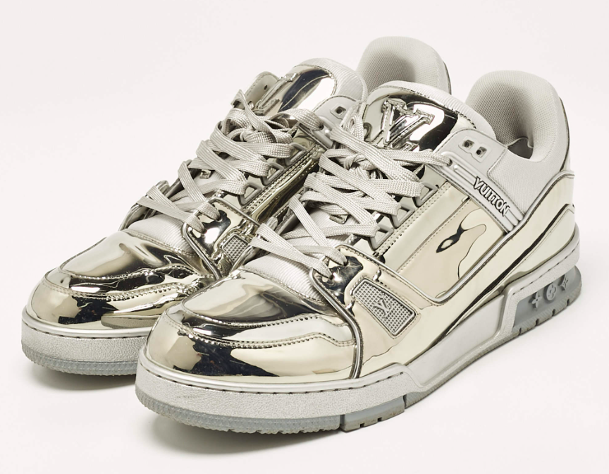 Louis Vuitton Silver Mirror Leather LV Trainer Sneakers Size 44