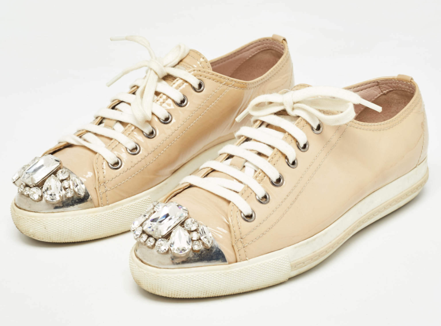 Miu Miu Beige Patent Leather Crystal Embellished Lace Up Sneakers Size 36