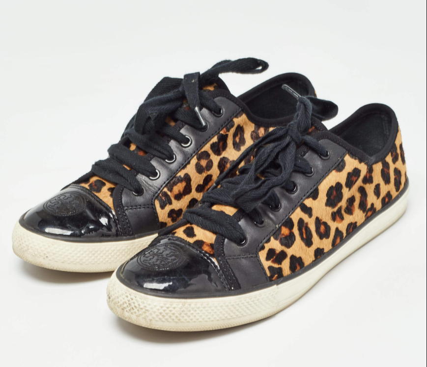 Tory Burch BrownBlack Animal Print Calf Hair and Leather Low Top Sneakers Size 40.5