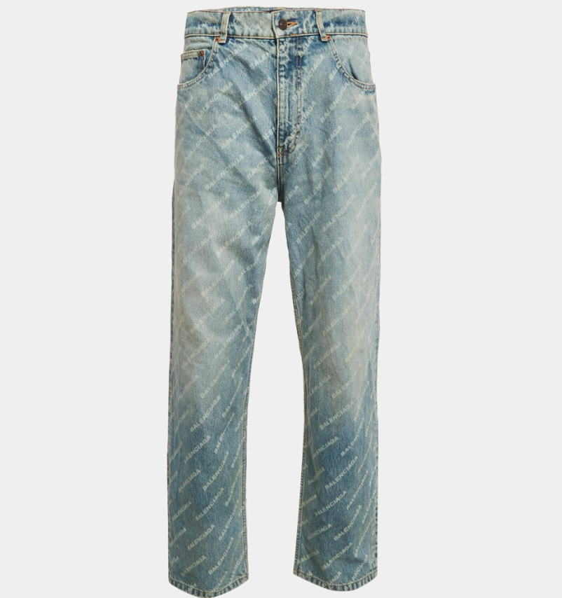 Balenciaga Unisex Blue Logo Over All Faded Denim Straight Leg Jeans S Waist 30