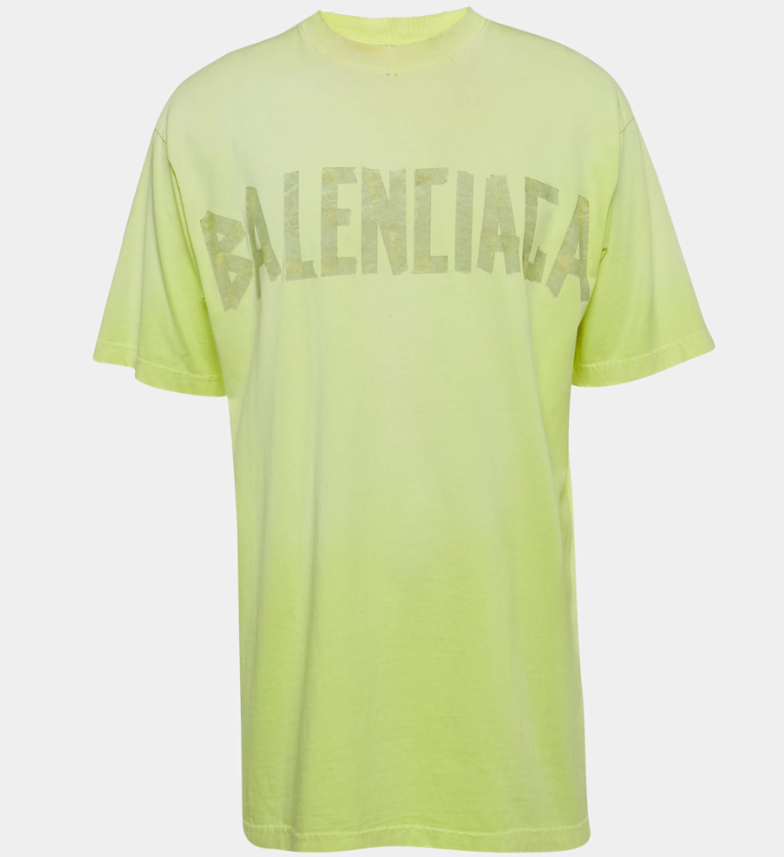 Balenciaga Unisex Florescent Yellow Tape Logo Print Jersey Oversized T-Shirt XXS