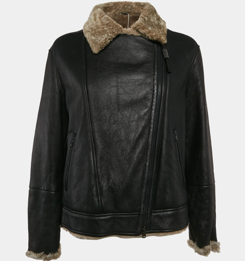Brunello Cucinelli Black Leather Shearling Trimmed Zip-Up Jacket M