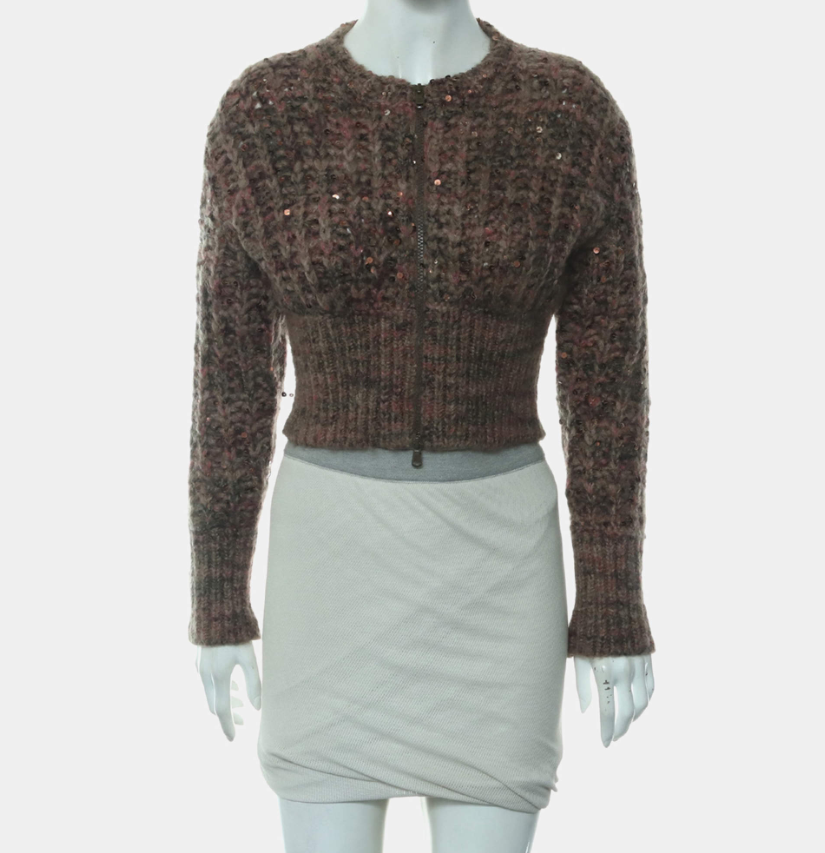 Brunello Cucinelli Cashmere Blend Zip-up Cropped Cardigan with Sequins All-over