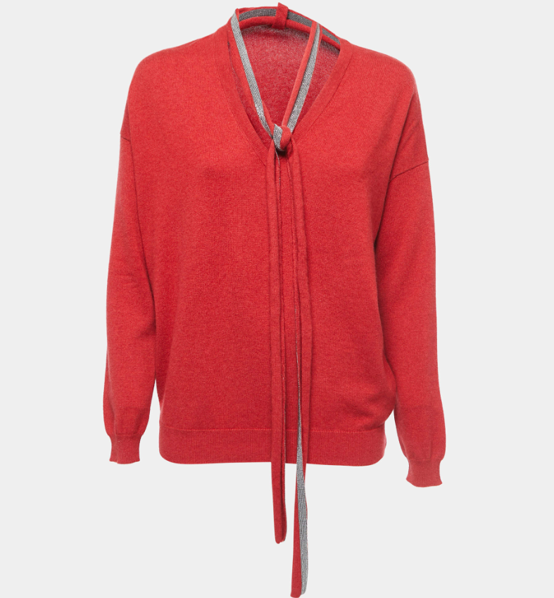 Brunello Cucinelli Red Cashmere V-Neck Tie Detail Sweater M