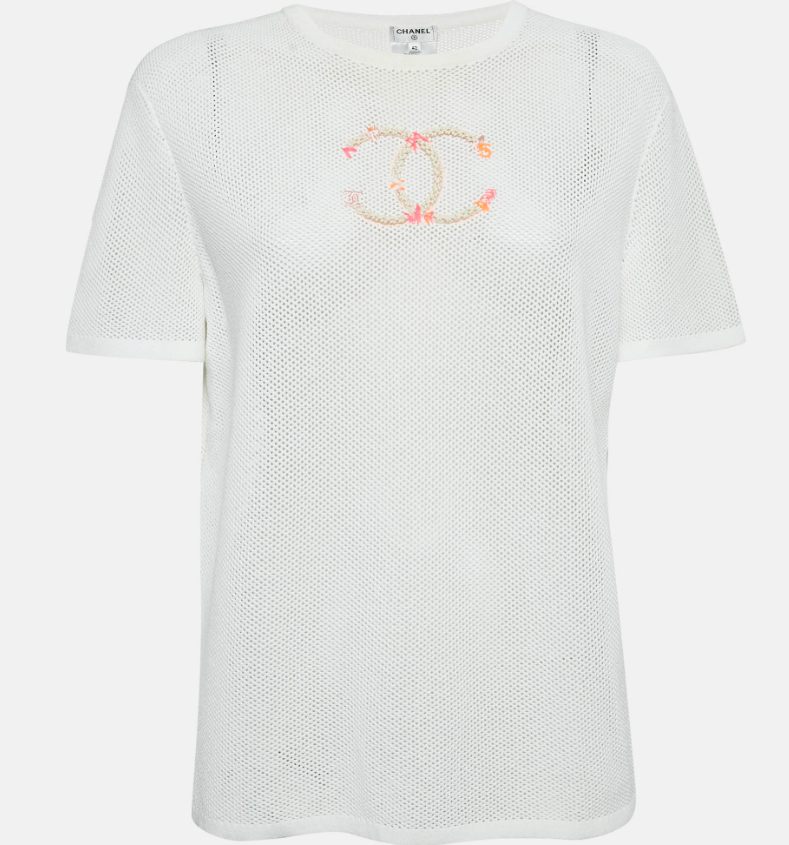 Chanel White CC Embroidered Mesh Sheer T-Shirt L
