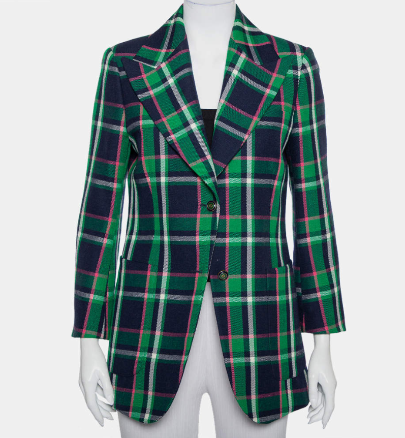 Gucci Multicolor Checkered Wool Tiger Applique Detail Button Front Blazer M