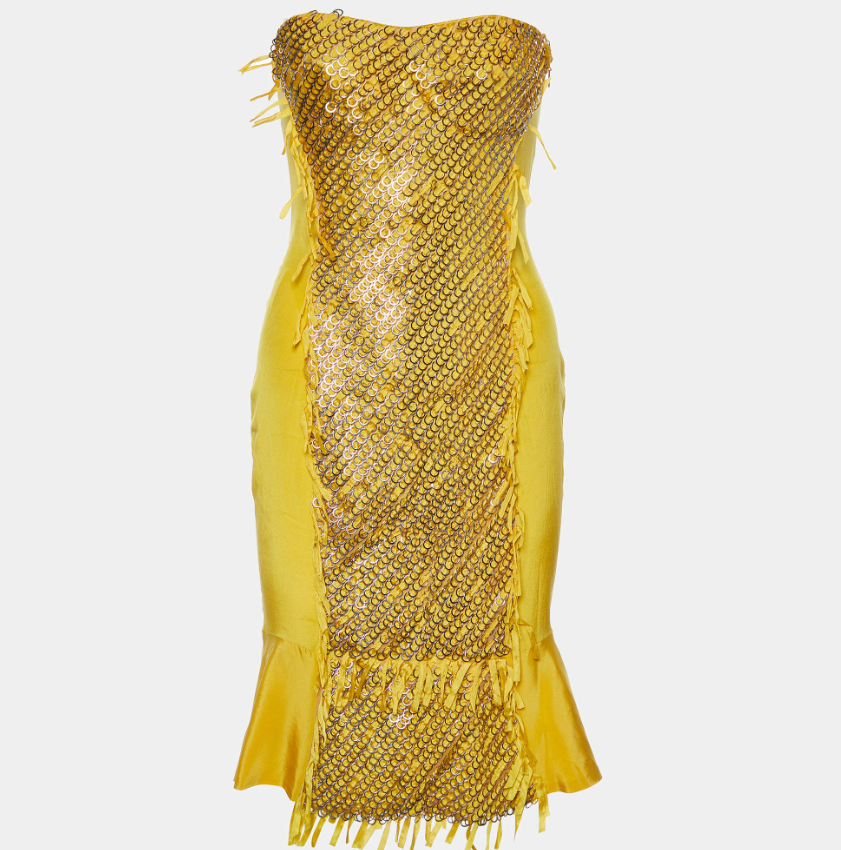 Gucci by Tom Ford Yellow Silk Embellished Strapless Mini Dress M