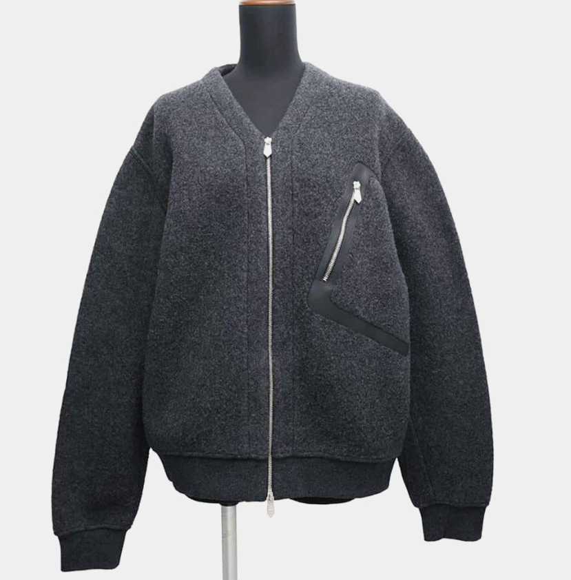 Hermes Gris Fonce Wool Cashmere Leather Detail Zip-Up Cardigan Men's Size L