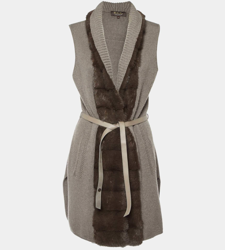 Loro Piana Grey Cashmere Knit Mink Fur Trim Belted Cardigan M