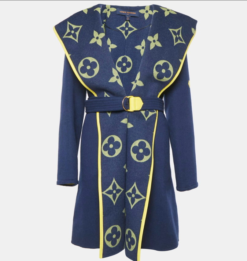 Louis Vuitton Navy Blue Monogram Collar Wool Felt Belted Coat L