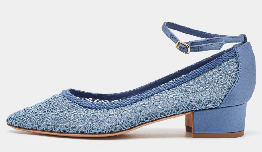 Manolo Blahnik Blue Satin and Lace Listana Block Heel Ankle Strap Pumps Size 36