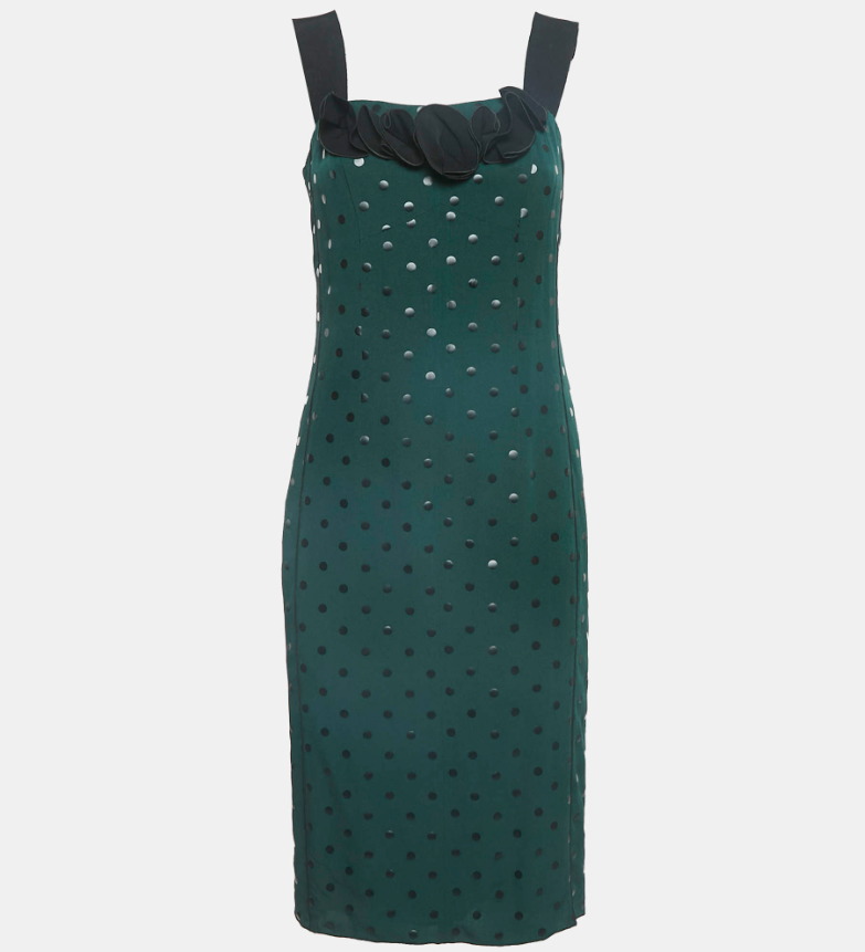 Marc Jacobs GreenBlack Dot Print Crepe Ruffled Sleeveless Dress S
