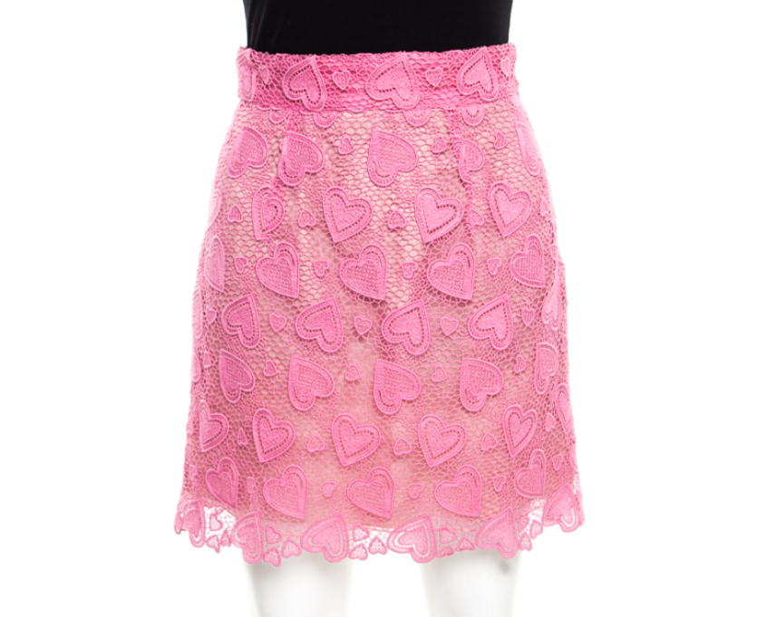 Miu Miu Petal Pink Heart Motif Cotton Lace Scalloped Mini Skirt S
