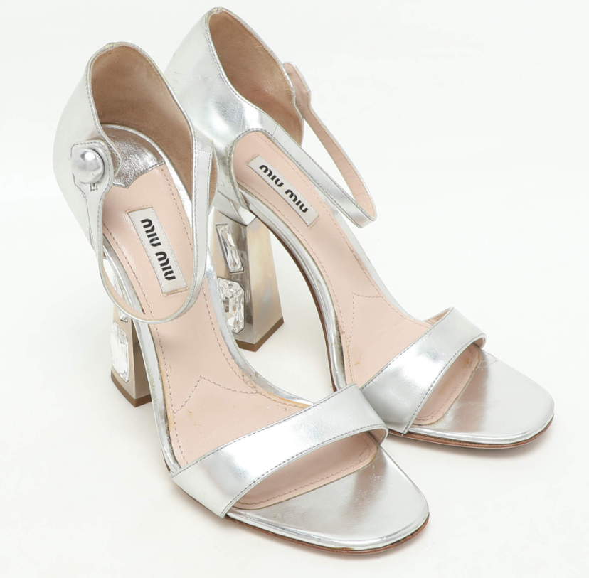Miu Miu Silver Leather Crystal Embellished Heel Ankle Strap Sandals Size 38