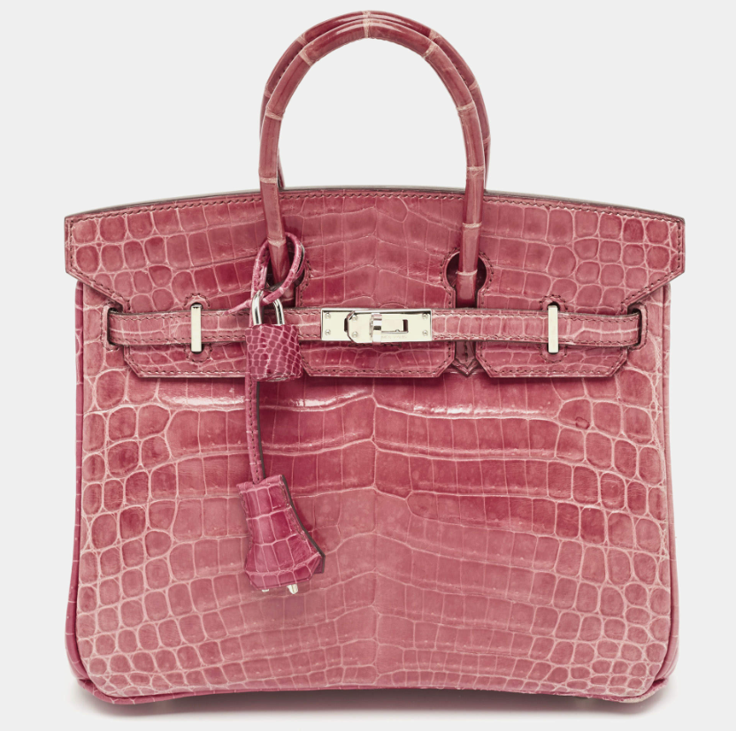 Hermes Rose Tyrien Shiny Niloticus Crocodile Palladium Finish Birkin 25 Bag