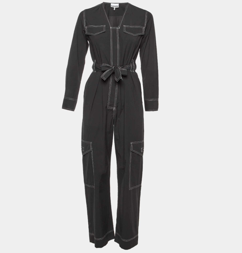 Ganni Black Cotton Blend Contrast Stitch Detail Belted Jumpsuit