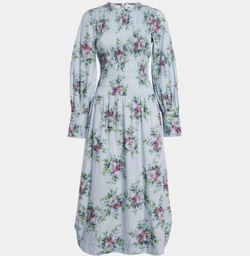 Ganni Blue Floral Print Cotton Shirring Detail Midi Dress XS