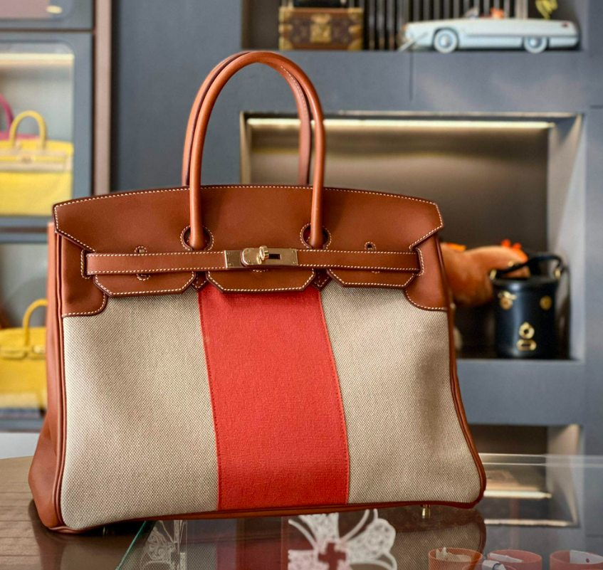 Hermes Fauve, Naturel and Paprika Toile and Barenia Flag Birkin 35 Handbag