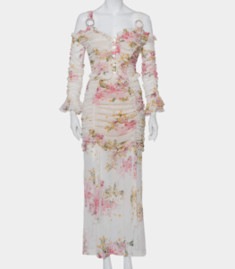 Alessandra Rich White Floral Printed Silk Ruched Cold Shoulder Maxi Dress M