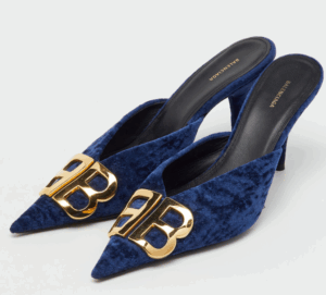 Balenciaga Navy Blue Velvet BB Logo Knife Mules Size 37.5