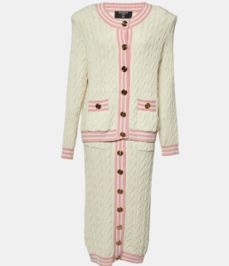 Balmain White Cable Knit Button Front Skirt & Cardigan Set L
