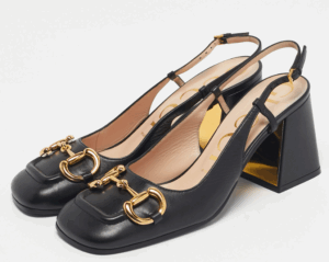 Gucci Black Leather Horsebit Block Heel Slingback Pumps