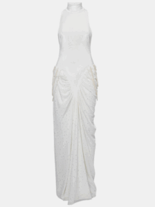 Leam Almes White Velvet and Tulle Pearl Detail Draped Maxi Dress M