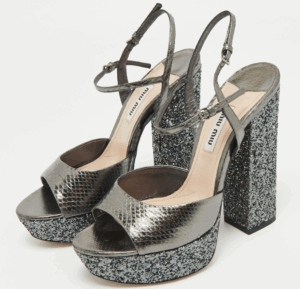 Miu Miu Silver Glitter and Snakeskin Embossed Leather Ankle Strap Sandals Size 36