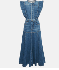 Chloé Blue Denim Flared Basque Cap-Sleeve Midi Dress S