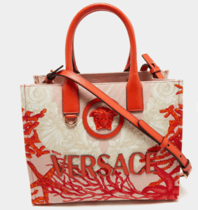 Versace Coral Underwater Barocco Canvas and Leather Small La Medusa Tote
