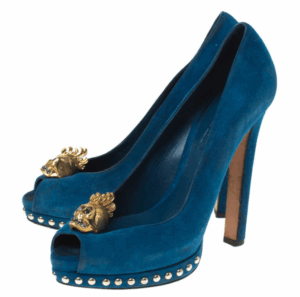Alexander McQueen Blue Suede Crystal Embellished Skull Peep Toe Platform Pumps Size 39.5