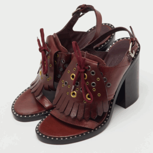 Burberry Burgundy Leather Beverley Eyelet Fringe Detail Block Heel Sandals Size 38