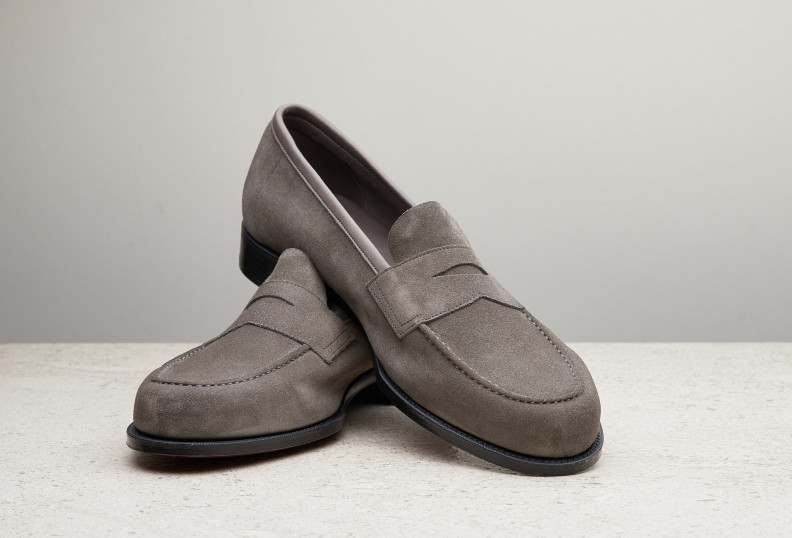 Edward Green Pimlico unlined penny loafer in truffle suede — men's luxury footwear