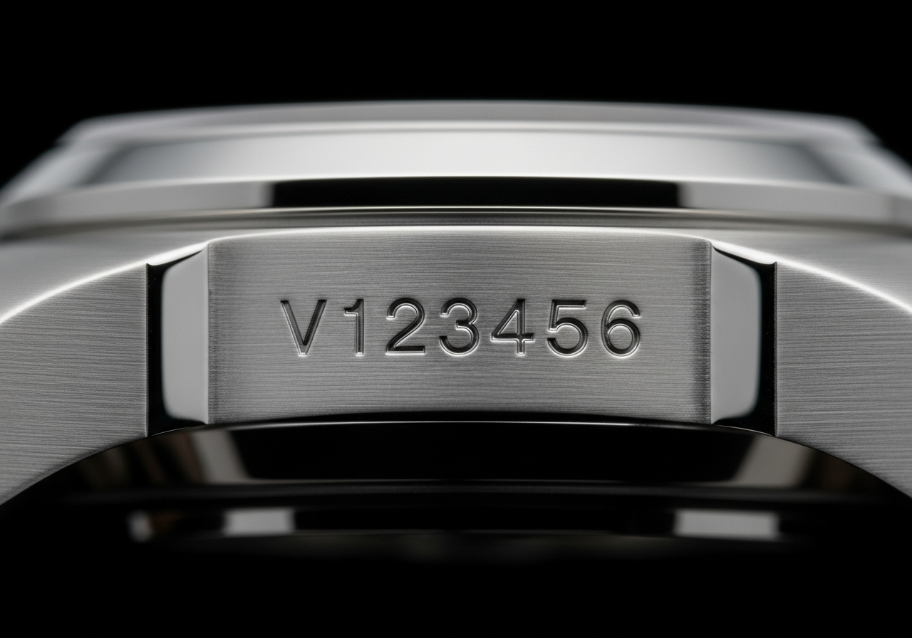 Close-up of a luxury watch serial number engraved between the lugs on a brushed stainless steel case — a key authentication step when buying pre-owned