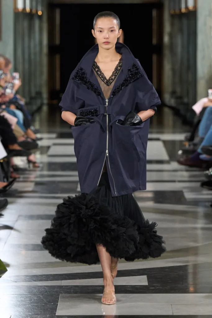 Simone Rocha ruffled tulle skirt in Caravaggio blue at London Fashion Week Spring 2027